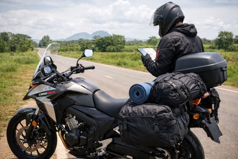 Motorcycle rider checking map on packed Honda CB500X before heading out on a Thai road, suggesting planning